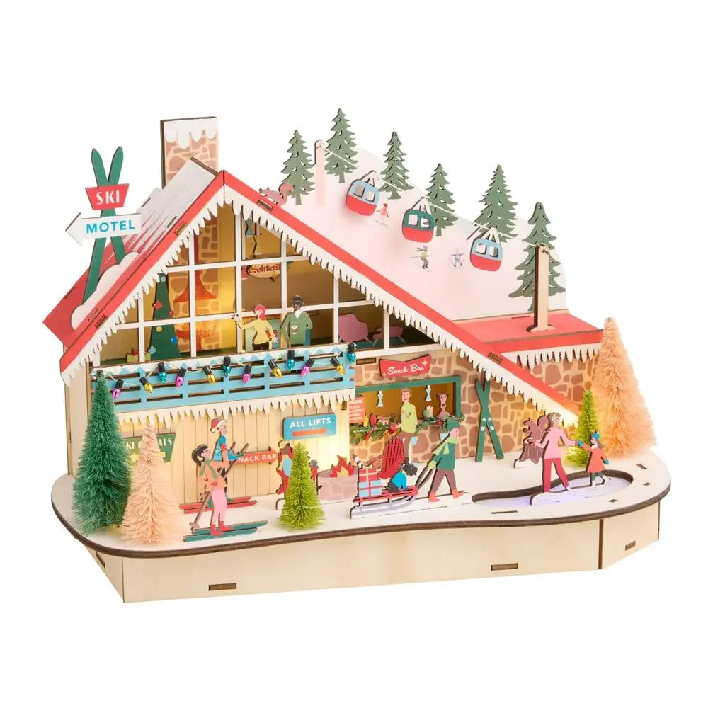 Mid-Century Modern Ski Lodge Large Light Up LED Christmas Decor Laser Wood NEW
